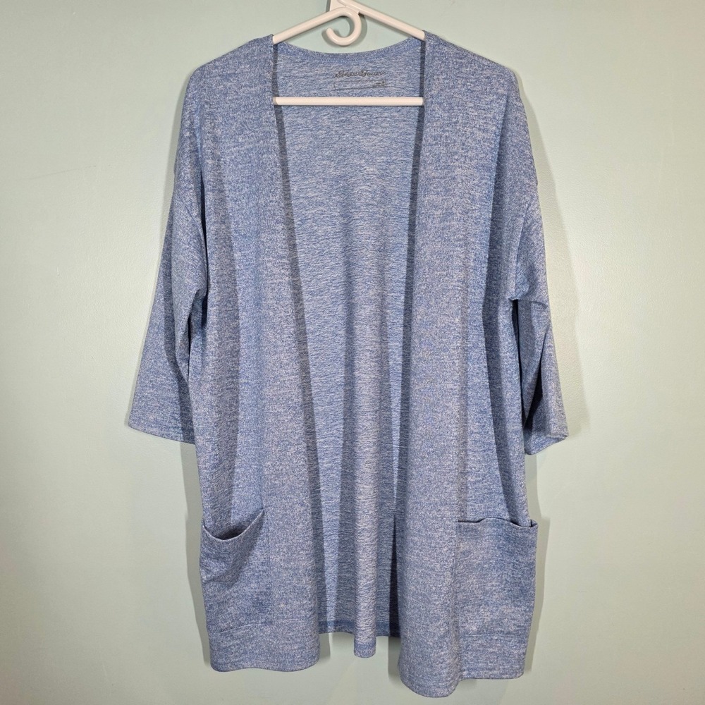 Eddie Bauer Womens Blue Heathered Open Front Cardigan Pockets D1059510 Size M
